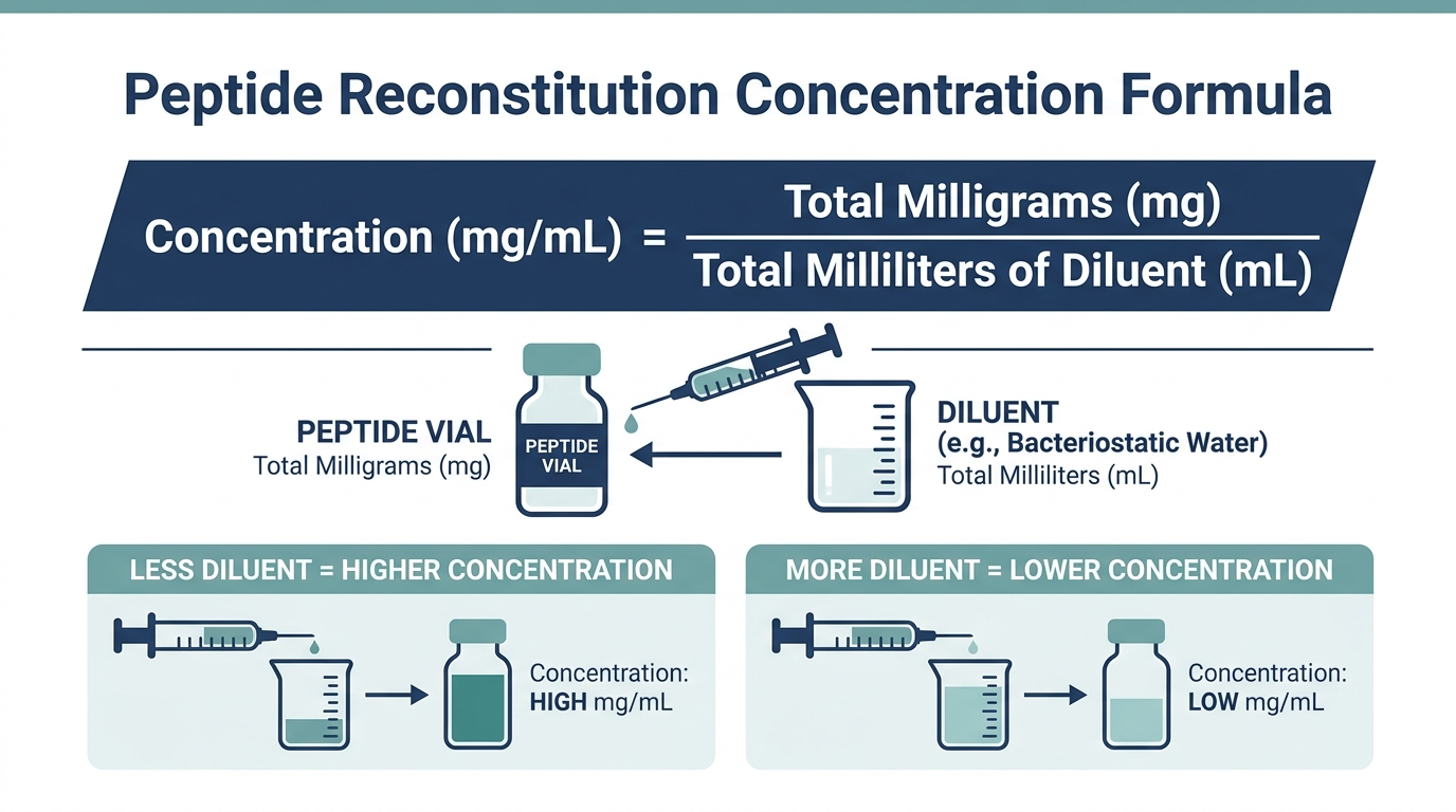 Diagram of the peptide concentration formula showing milligrams divided by milliliters of diluent