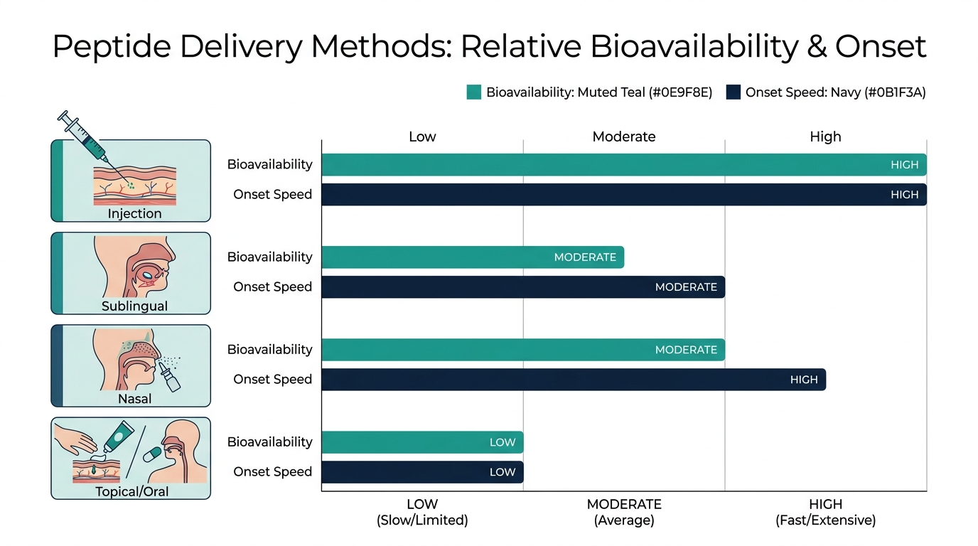 Comparison chart of relative bioavailability and onset speed across peptide delivery routes