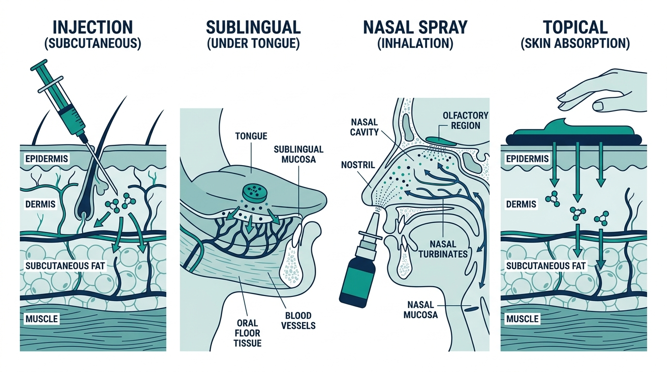 Cross-section anatomy diagram comparing injection, sublingual, nasal, and topical peptide delivery routes