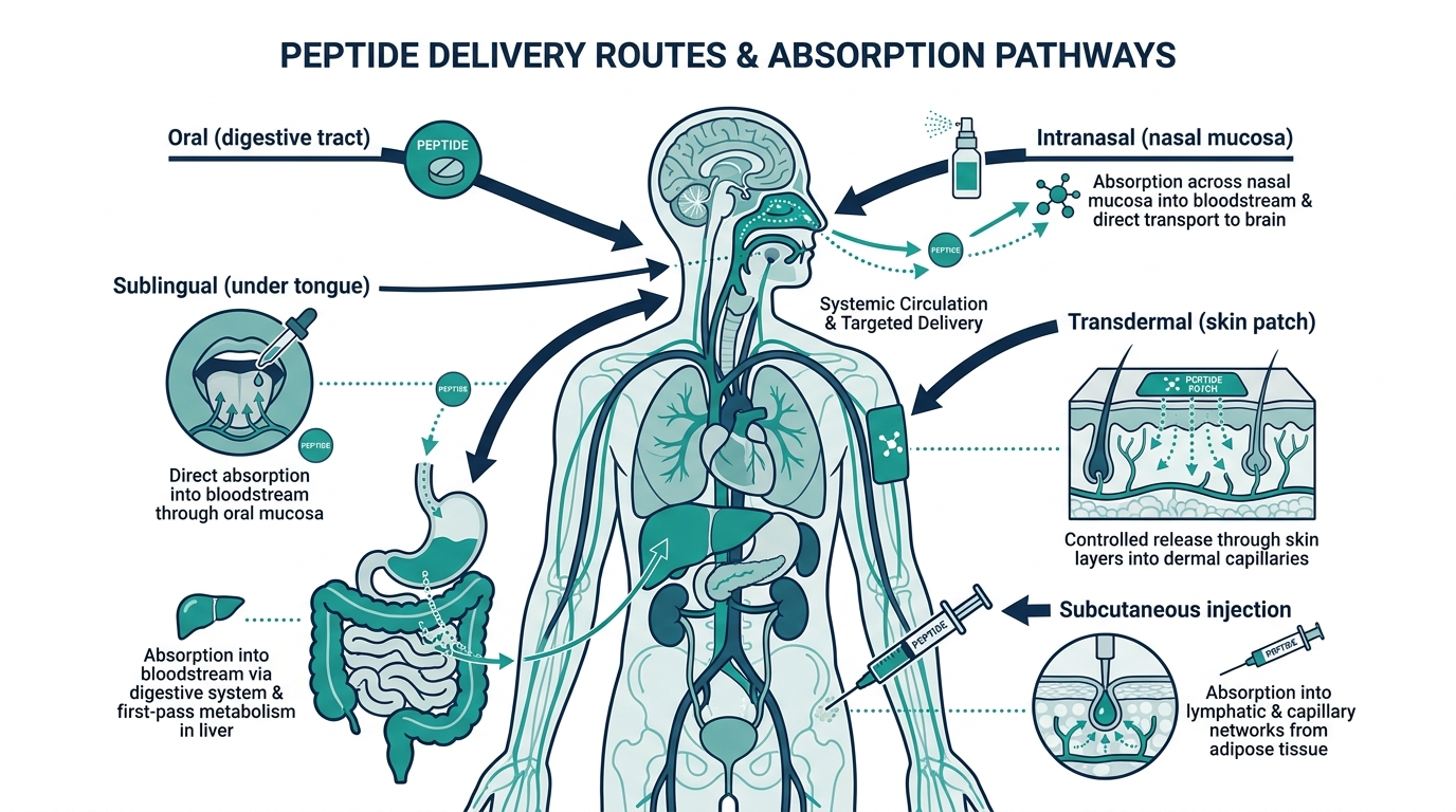 Anatomical diagram showing five peptide delivery routes into the body: oral, sublingual, intranasal, transdermal, and subcutaneous injection