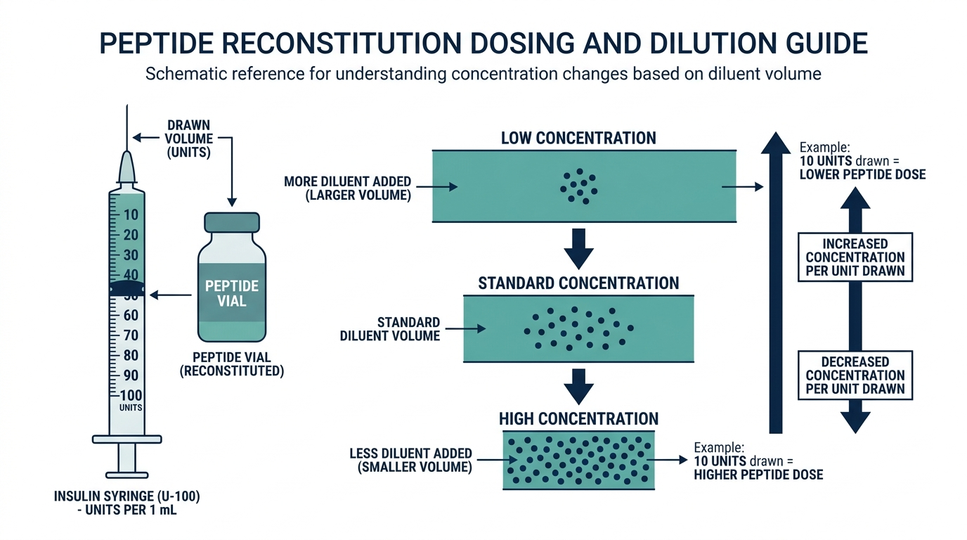 Schematic chart showing how diluent volume changes peptide concentration across low, standard, and high concentration bands