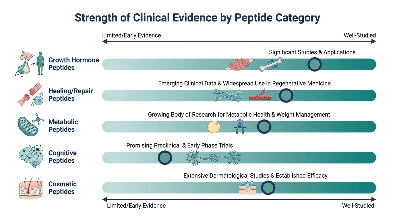 Chart comparing relative strength of clinical evidence across peptide categories