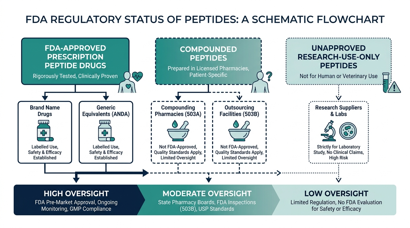 Flowchart comparing FDA regulatory oversight for approved prescription peptide drugs, compounded peptides, and research-use-only peptides