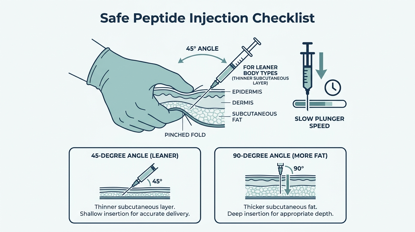 Diagram comparing 45-degree and 90-degree subcutaneous injection angles based on body fat at the injection site