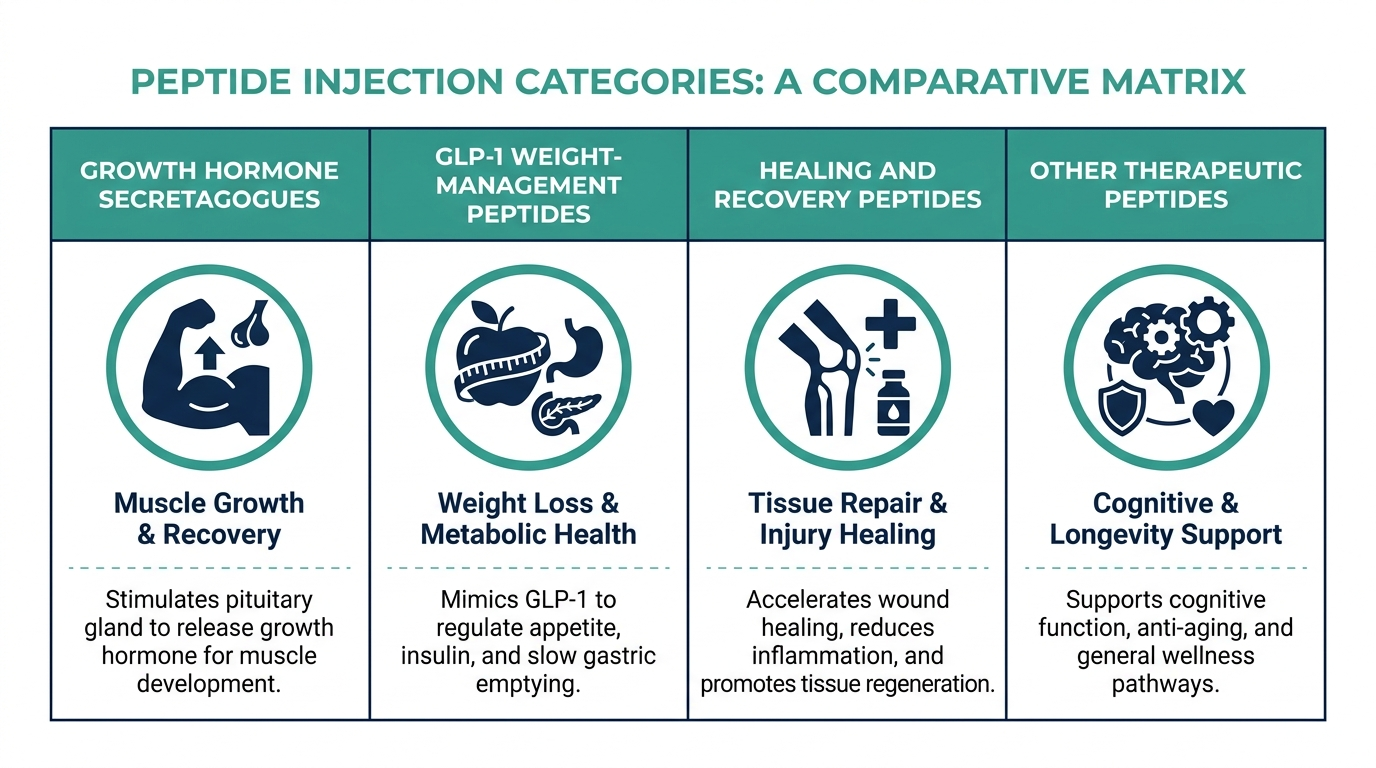 Matrix chart comparing growth hormone secretagogue, GLP-1, healing/recovery, and other therapeutic peptide injection categories