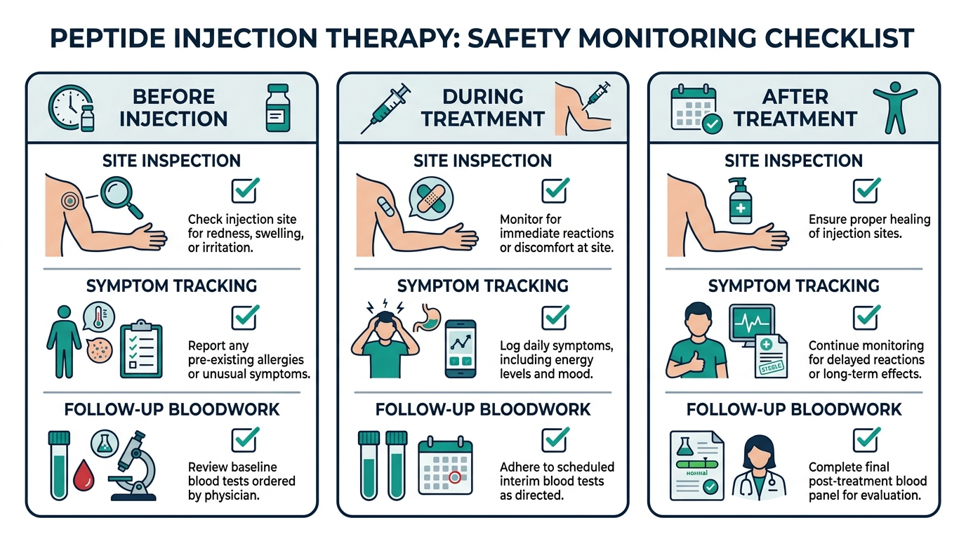 Three-column safety monitoring checklist chart for before, during, and after peptide injection treatment