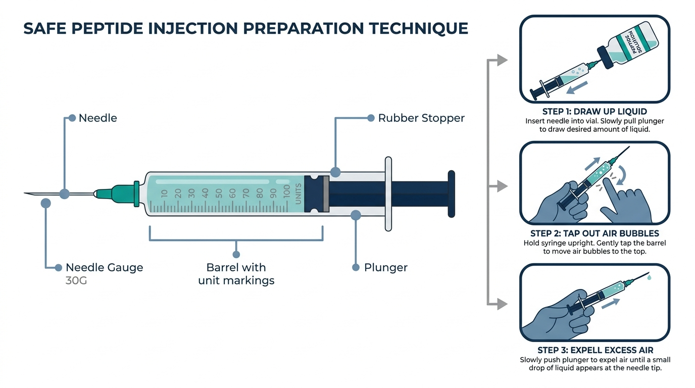Labeled diagram of an insulin syringe and the steps to draw up liquid and remove air bubbles before a peptide injection