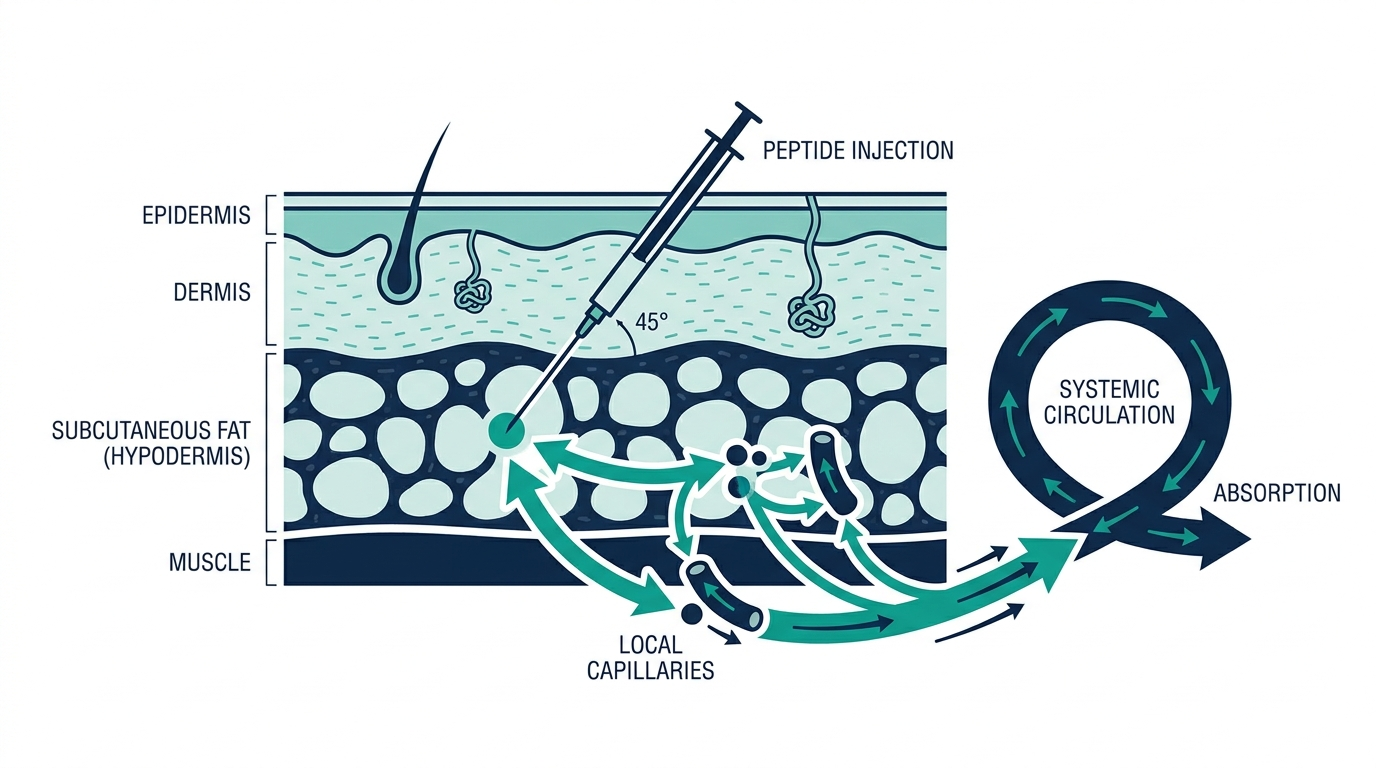 Cross-section diagram of subcutaneous peptide injection showing skin layers and needle angle