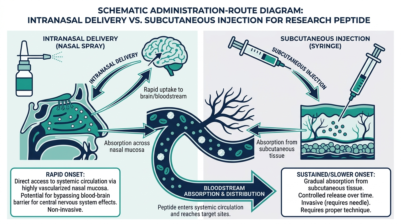 Diagram comparing intranasal spray delivery versus injection for a research peptide and their routes to bloodstream absorption