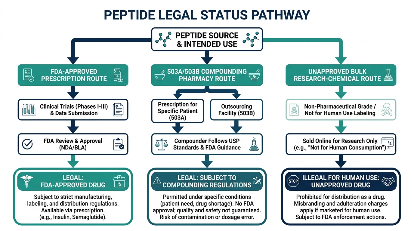 Decision-tree flowchart showing the three legal pathways for peptides: FDA-approved prescription, compounding pharmacy, and unapproved research chemical