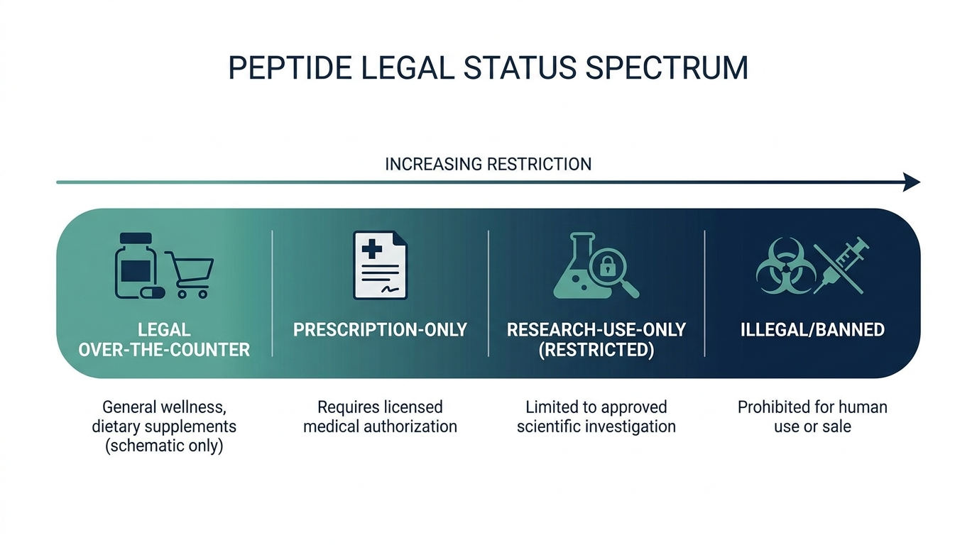 Spectrum chart showing peptide legal status bands from legal over-the-counter to prescription-only, research-use-only, and illegal or banned
