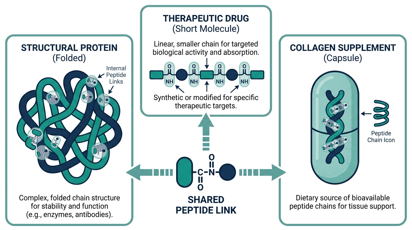 Three-panel diagram showing peptide links in a structural protein, a drug peptide, and a collagen supplement