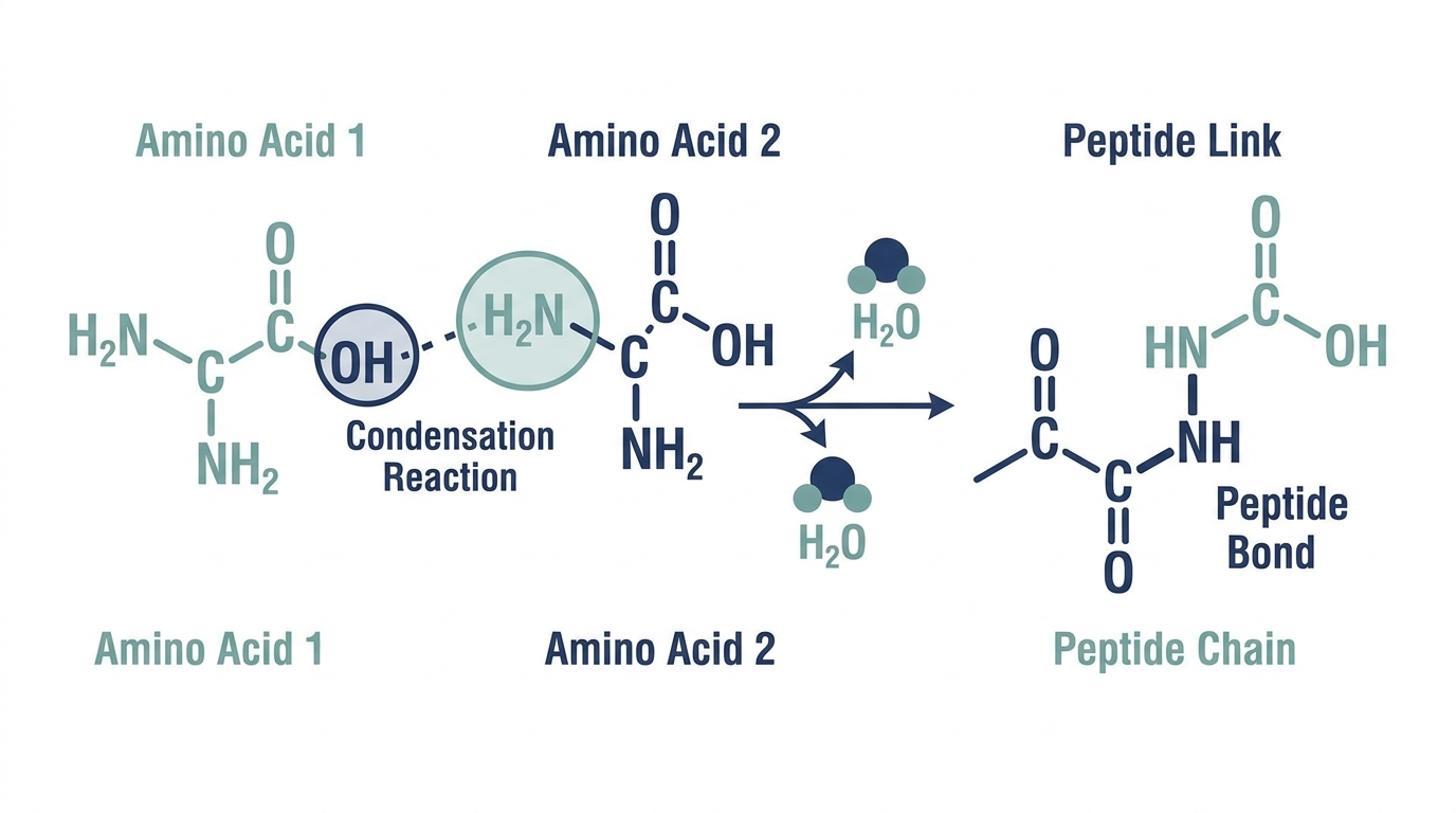Molecular diagram of the condensation reaction that forms a peptide link between two amino acids