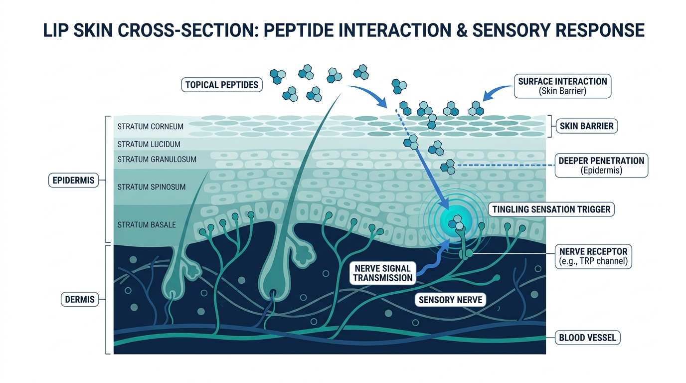 Cross-section diagram of lip skin layers showing how topical peptides interact with the epidermis, dermis, and nerve endings
