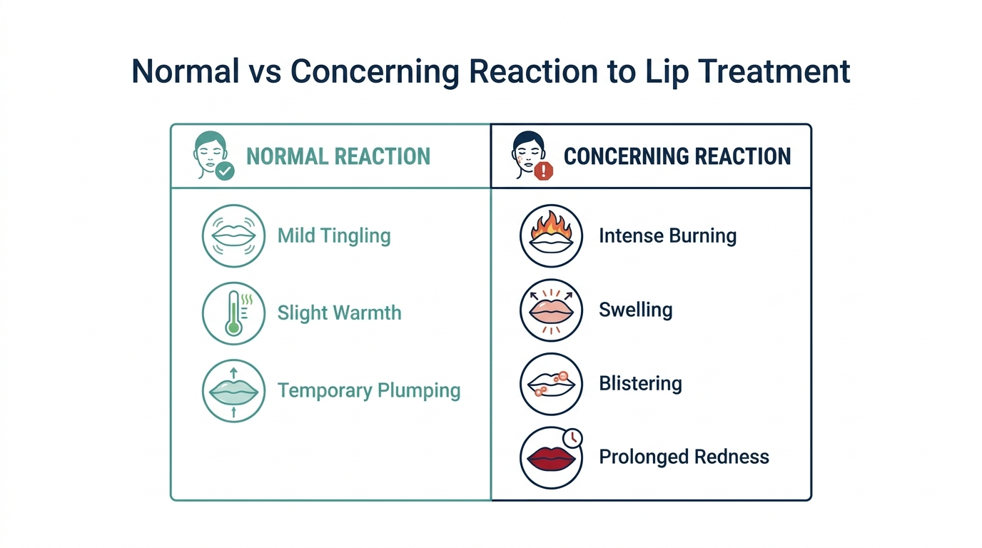 Comparison chart of normal versus concerning reactions to peptide lip treatment, including tingling versus burning and swelling