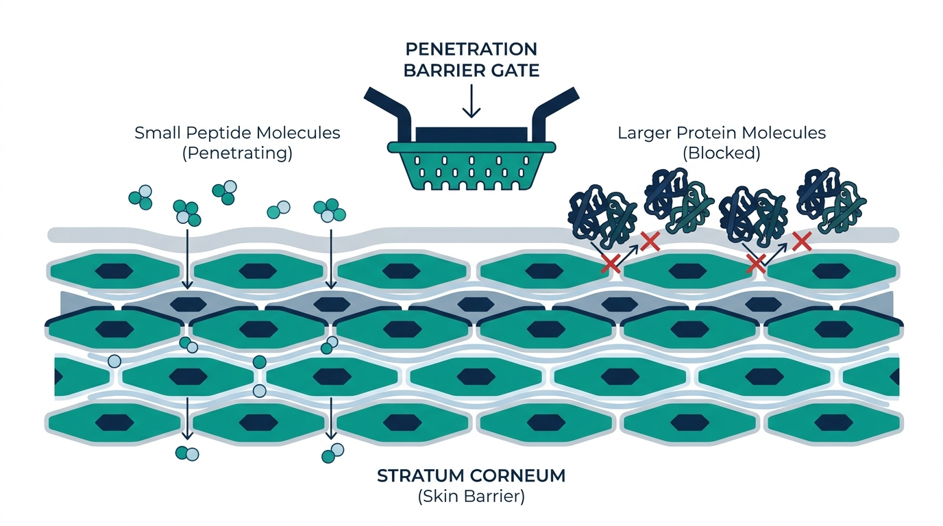 Cross-section diagram of the stratum corneum comparing molecular size of peptides versus larger proteins at the skin penetration barrier