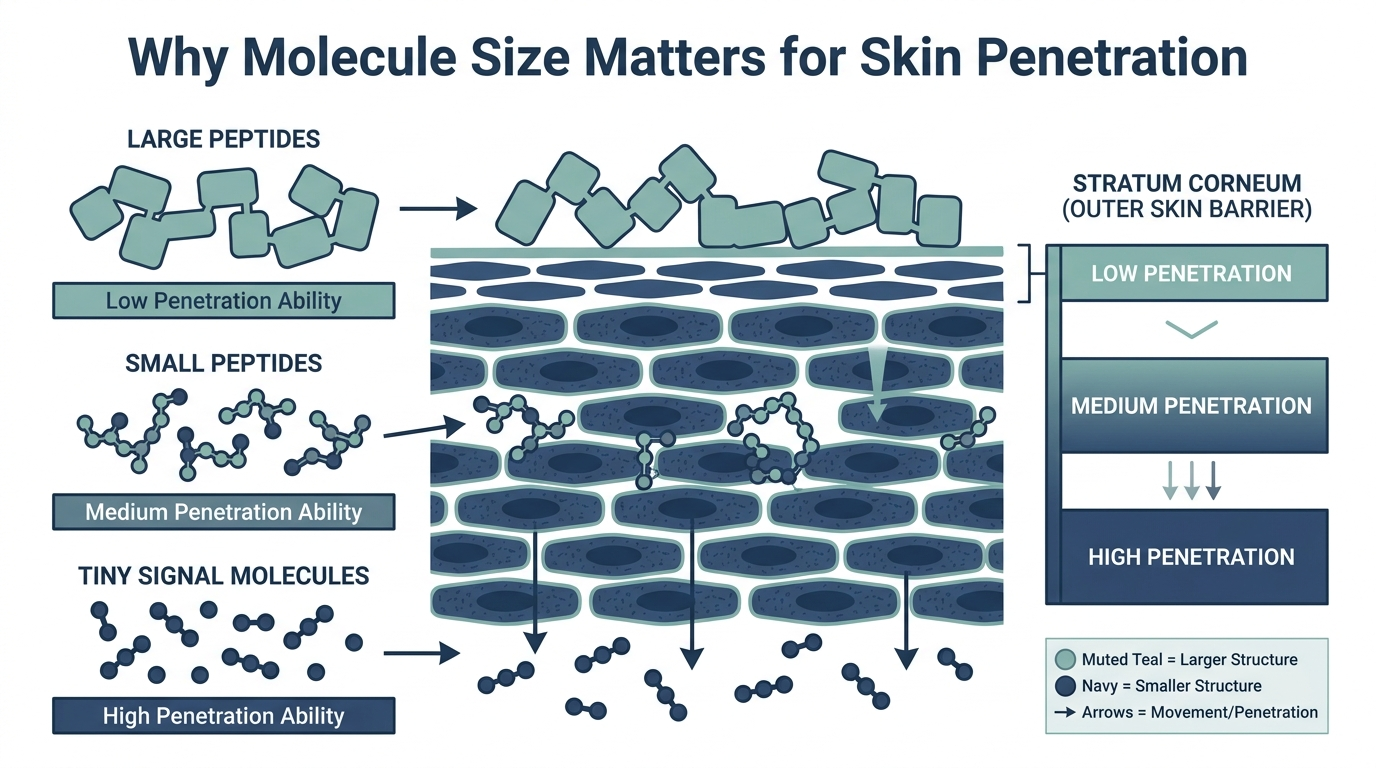 Schematic diagram comparing molecular size of large peptides, small peptides, and signal molecules against the skin barrier