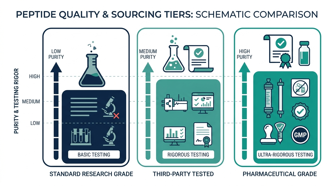 Schematic chart comparing peptide sourcing and purity tiers from standard research grade to pharmaceutical grade