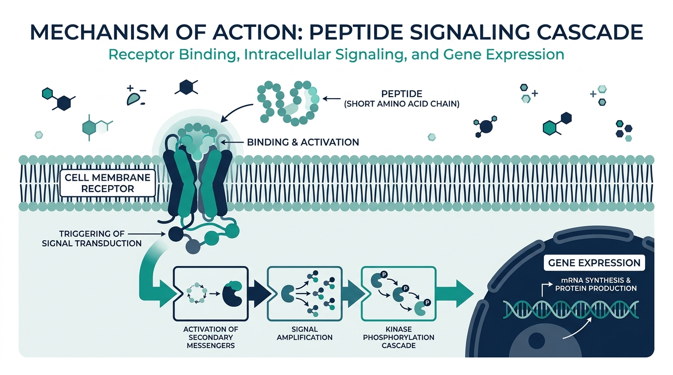 Diagram of a peptide binding to a cell receptor and triggering intracellular signaling
