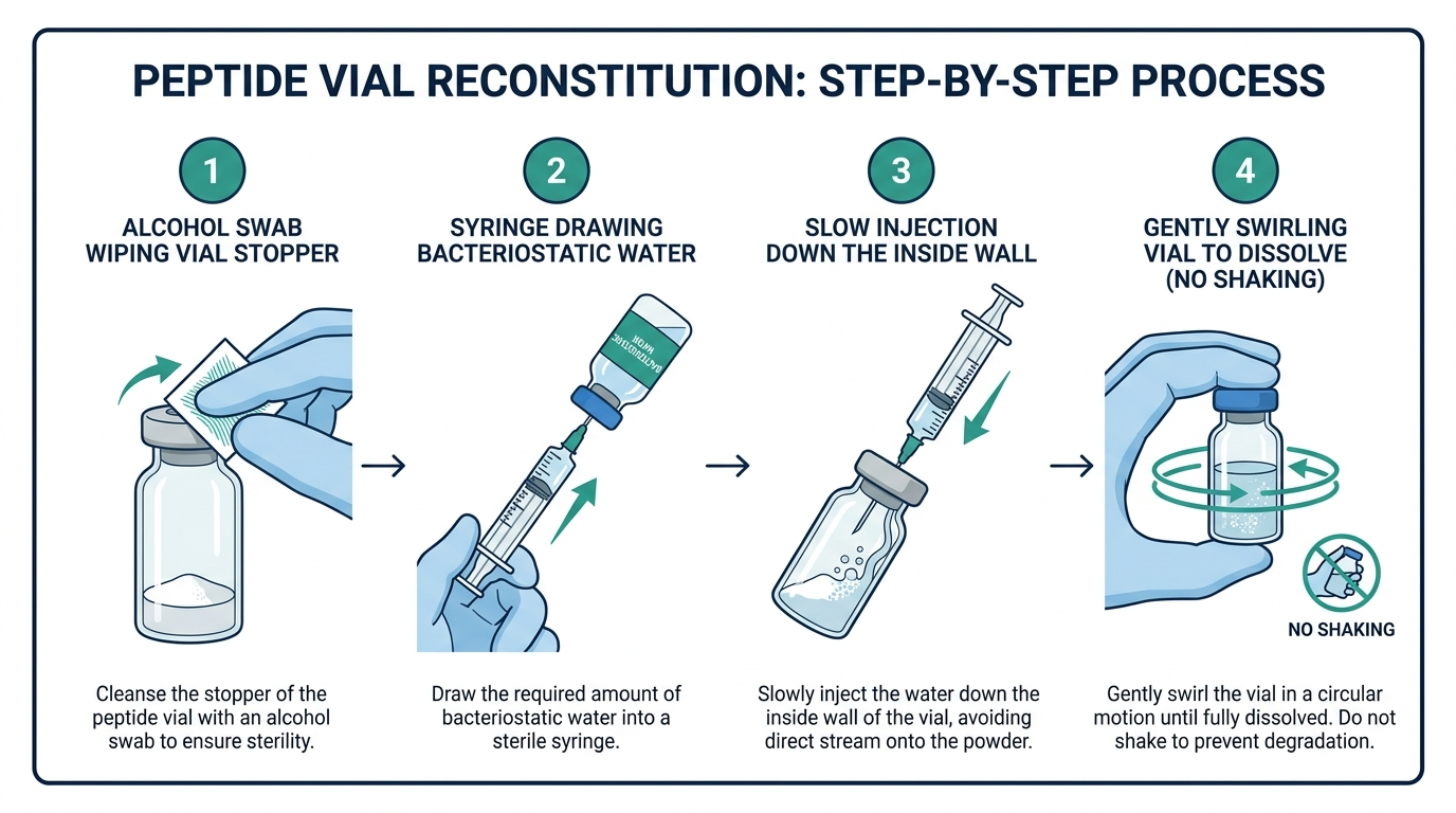 Four-step diagram of peptide vial reconstitution from swabbing the stopper to gently swirling the vial