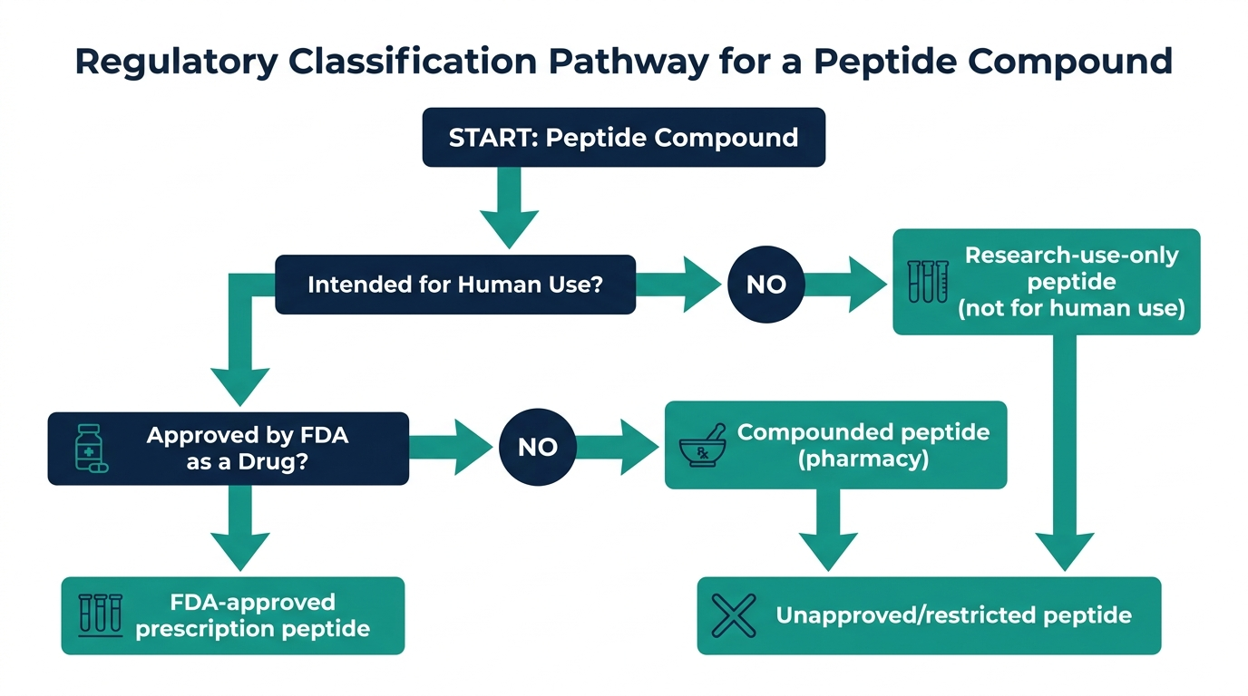 Flowchart showing regulatory classification pathways for peptide compounds: FDA-approved prescription, compounded pharmacy, research-use-only, and unapproved or restricted