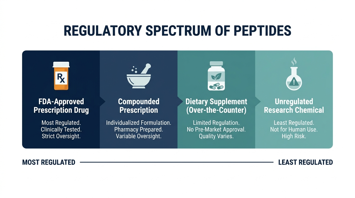 Regulatory spectrum diagram showing peptides ranging from FDA-approved prescription drugs to compounded prescriptions to supplements to unregulated research chemicals