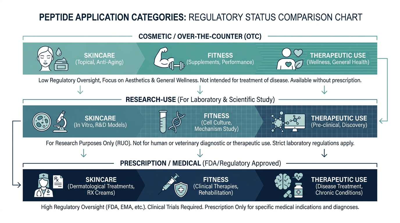 Schematic chart comparing peptide categories by regulatory status: cosmetic/OTC, research-use, and prescription/medical