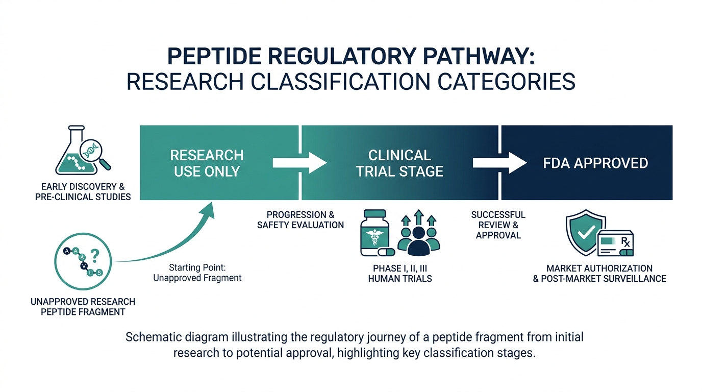 Progression chart of peptide regulatory categories from research use only to clinical trial stage to FDA approved