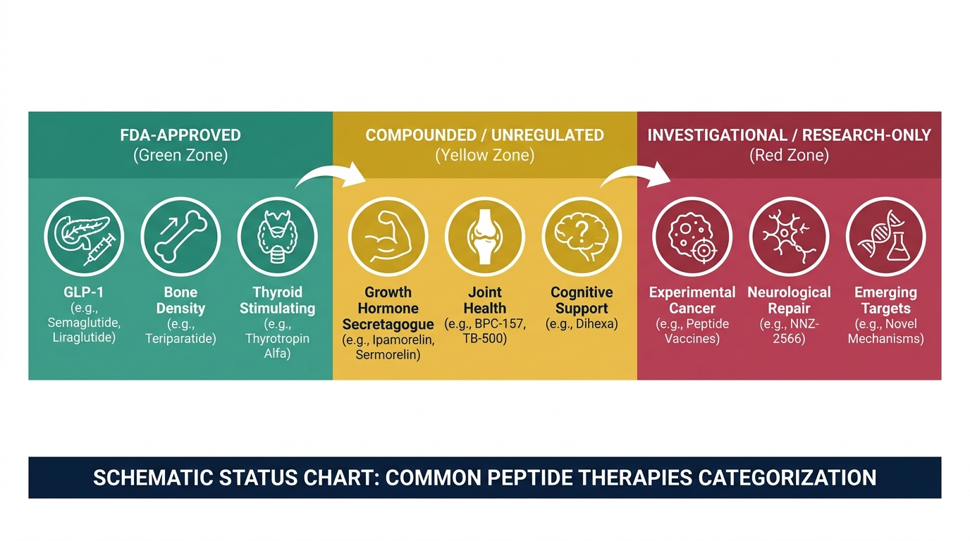 Schematic chart categorizing peptide therapies as FDA-approved, compounded, or investigational