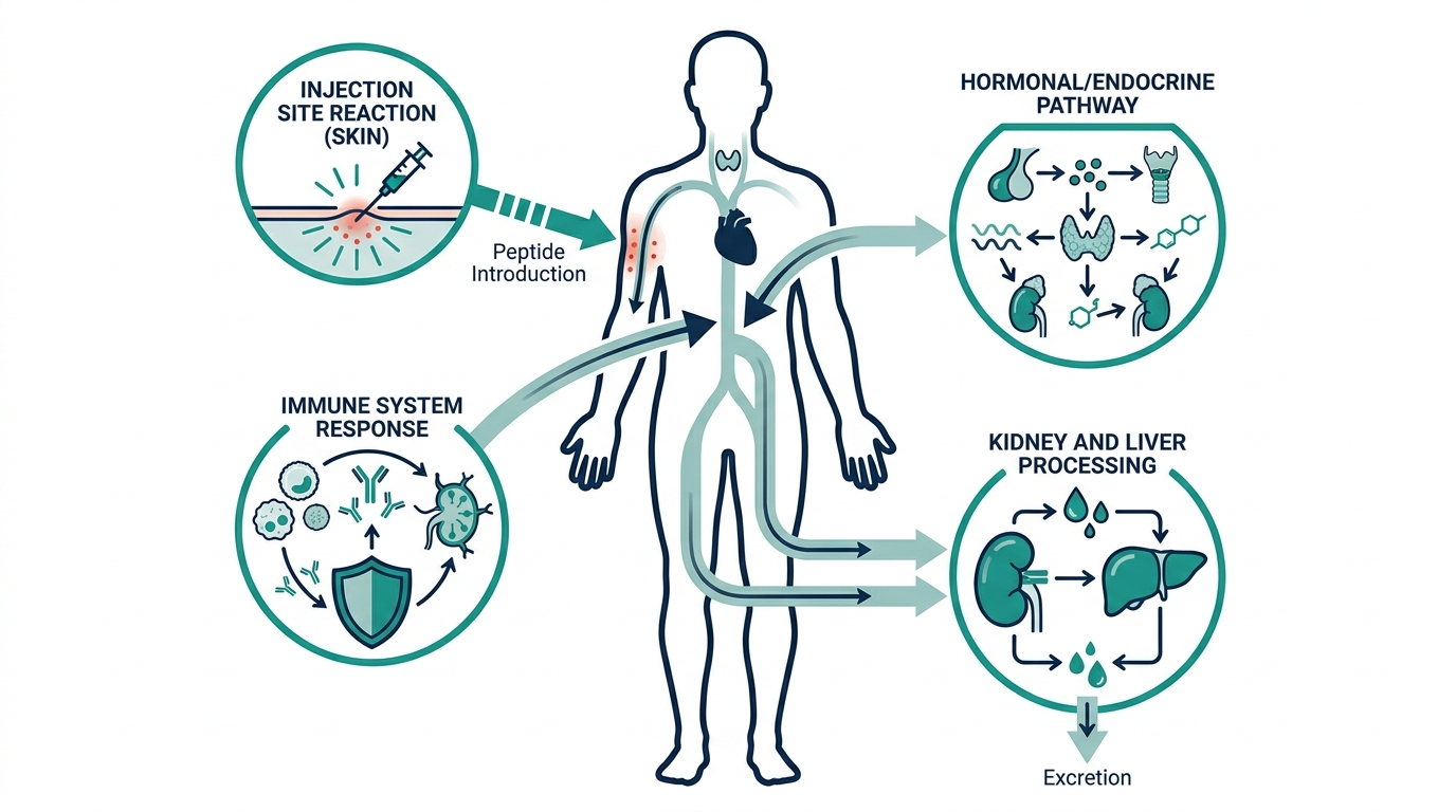 Body diagram showing potential peptide risk pathways at the injection site, immune system, hormonal pathway, and kidney and liver processing