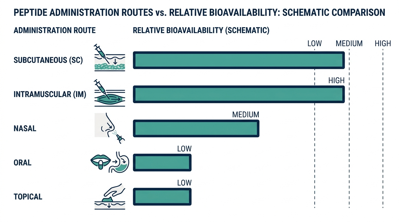 Schematic bar chart comparing relative bioavailability of subcutaneous, intramuscular, oral, nasal, and topical peptide routes