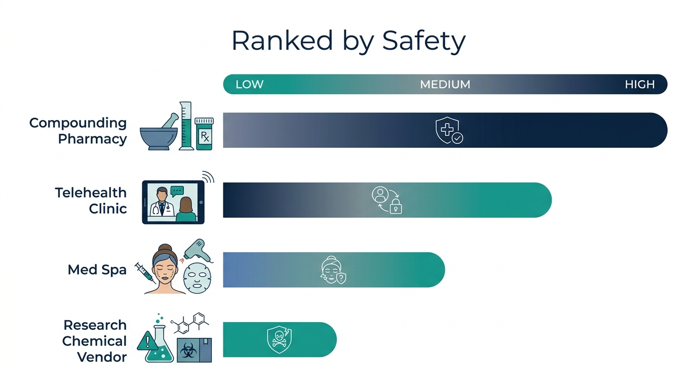 Bar chart ranking the four peptide sourcing routes by safety