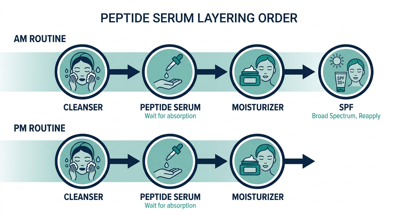 Schematic chart showing where peptide serum fits in an AM and PM skincare routine layering order