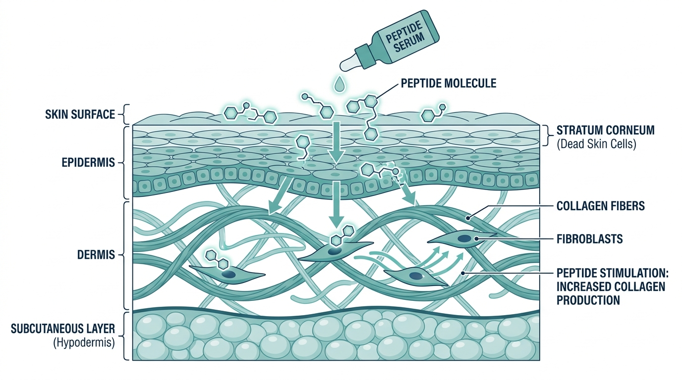 Cross-section diagram of skin layers showing a peptide serum absorbing into the epidermis and dermis toward collagen-producing fibroblasts