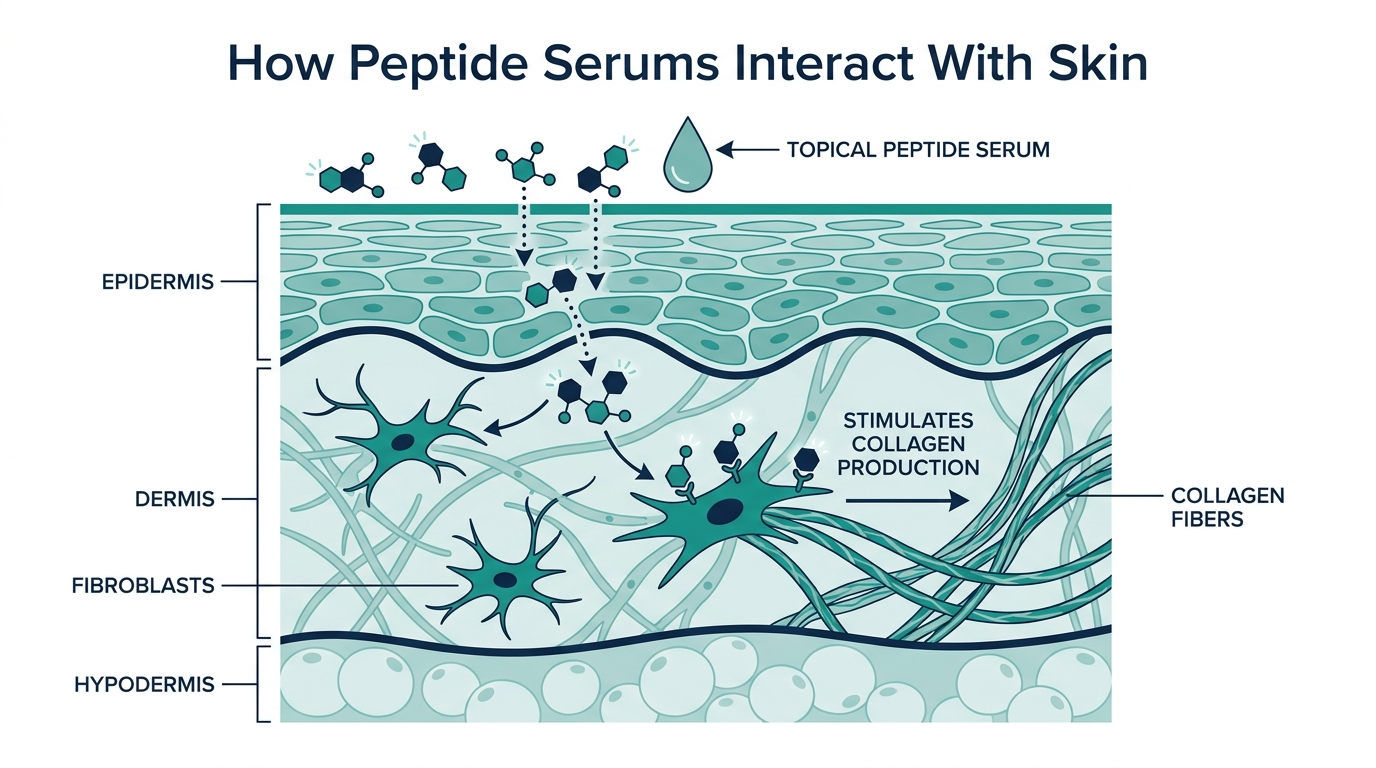 Cross-section of skin layers showing topical peptide molecules penetrating the epidermis and stimulating collagen production in the dermis