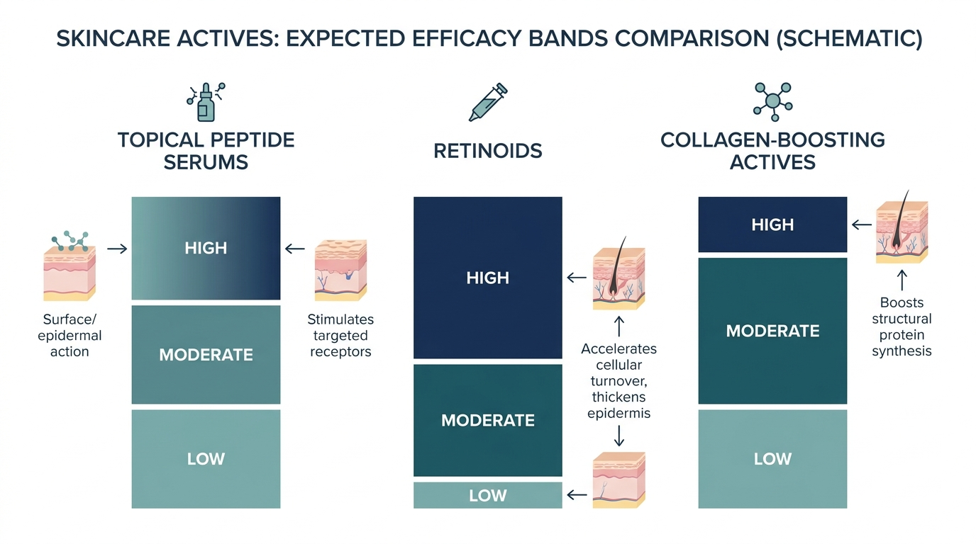 Schematic chart comparing expected efficacy of peptide serums, retinoids, and collagen-boosting actives
