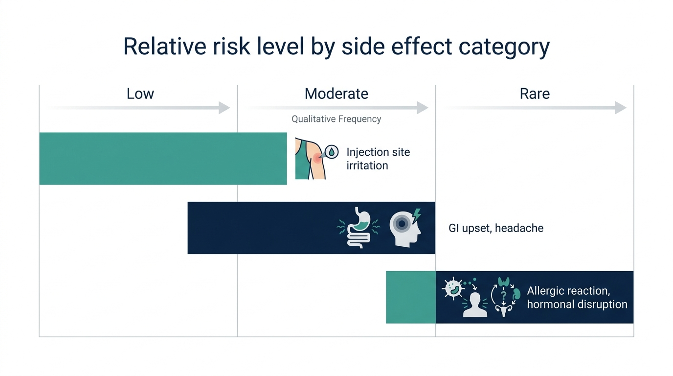 Chart comparing relative risk level bands across mild, moderate, and serious peptide side effect categories