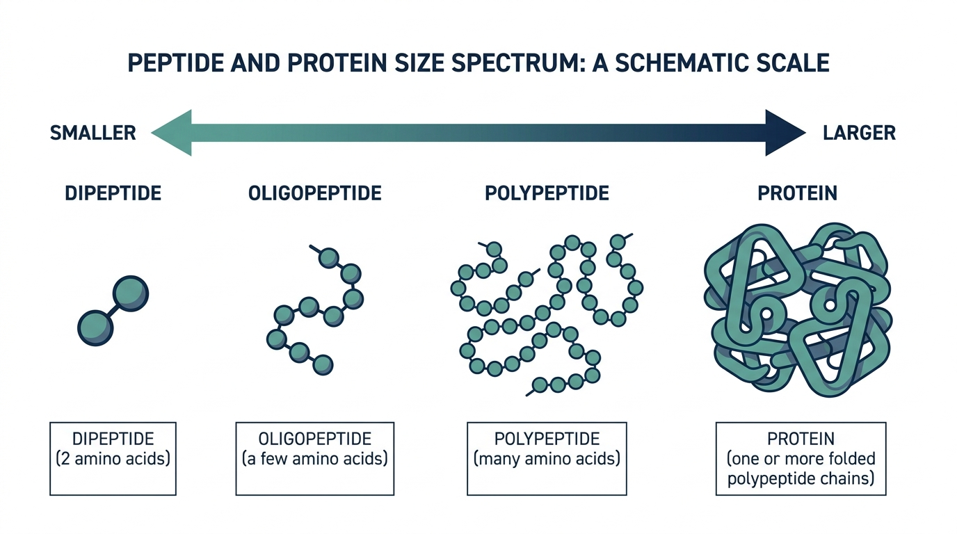 Chart showing the size spectrum from dipeptide to oligopeptide to polypeptide to protein