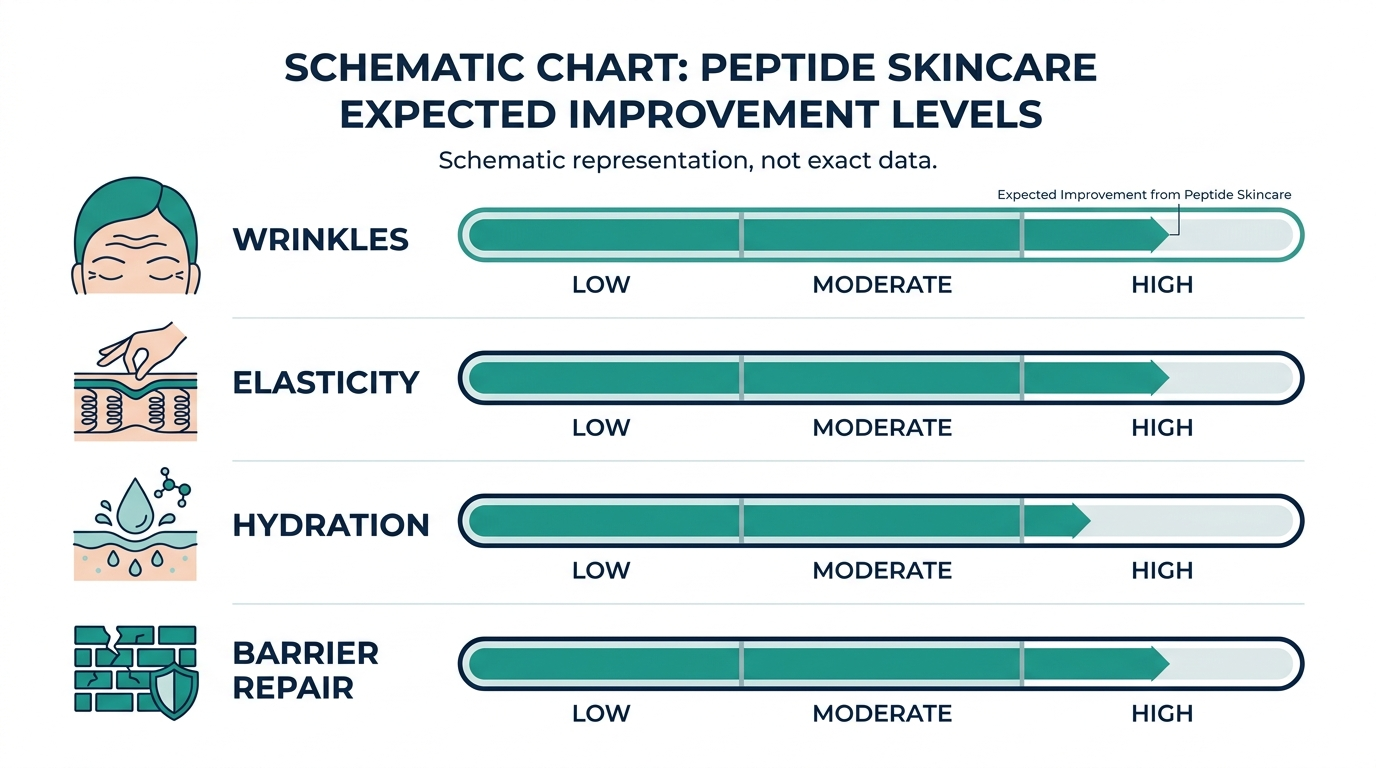 Schematic chart of expected improvement level from peptide skincare across wrinkles, elasticity, hydration, and barrier repair