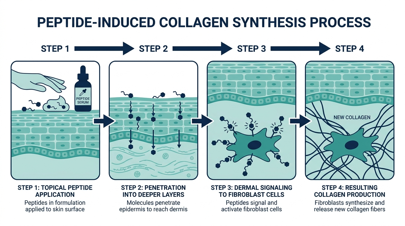 Four-stage process diagram of peptide skincare: application, penetration, dermal signaling, collagen production