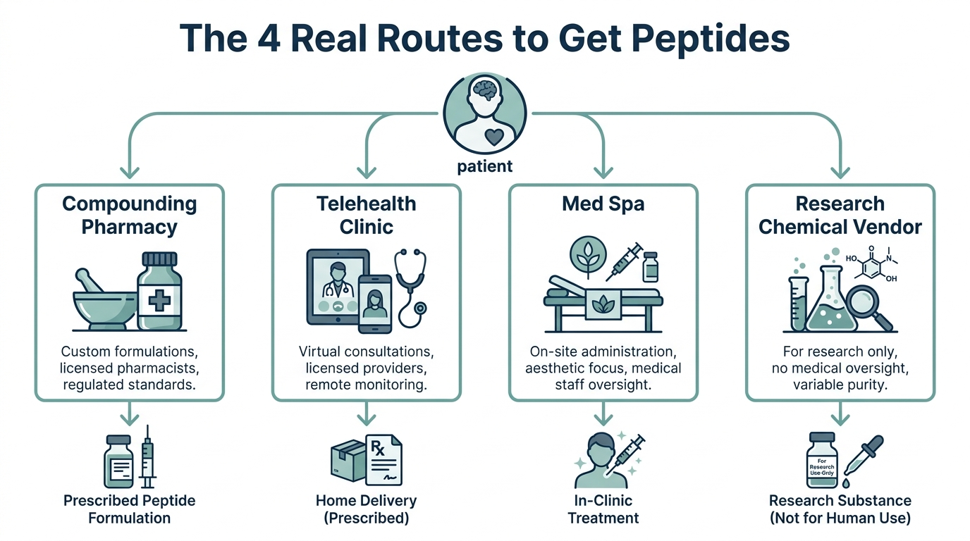 Flowchart of the four routes to get peptides: compounding pharmacy, telehealth clinic, med spa, and research chemical vendor
