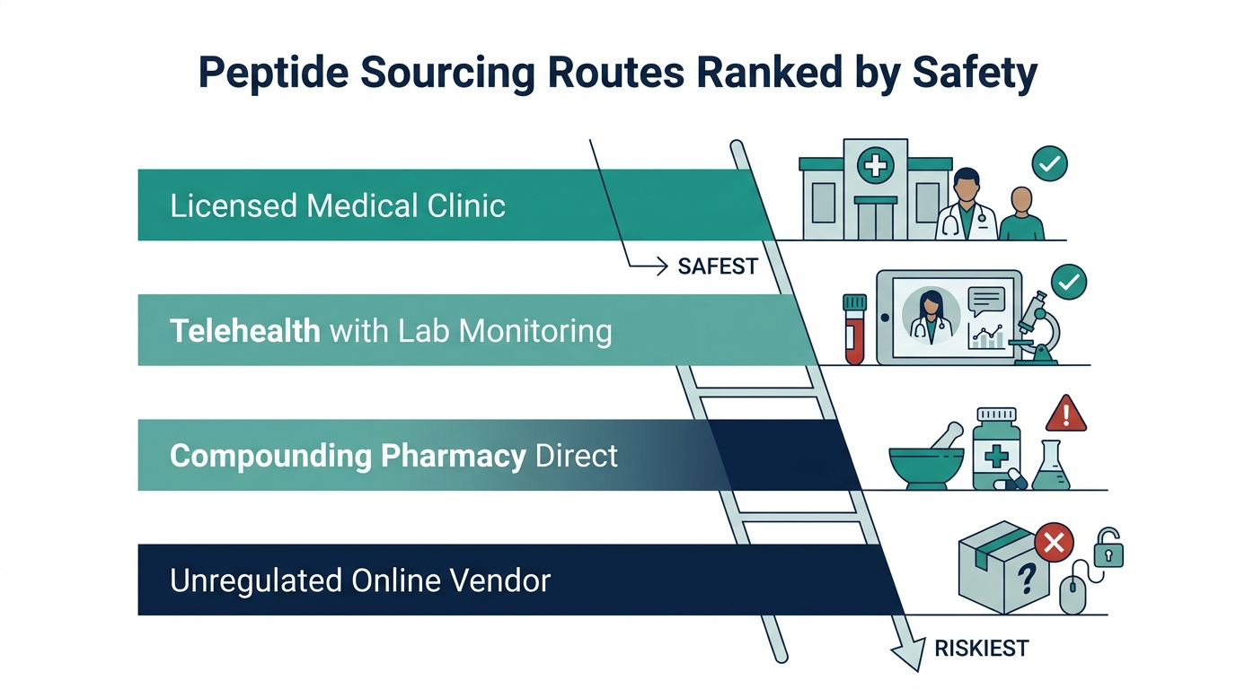 Ranked ladder chart of peptide sourcing routes from safest to riskiest