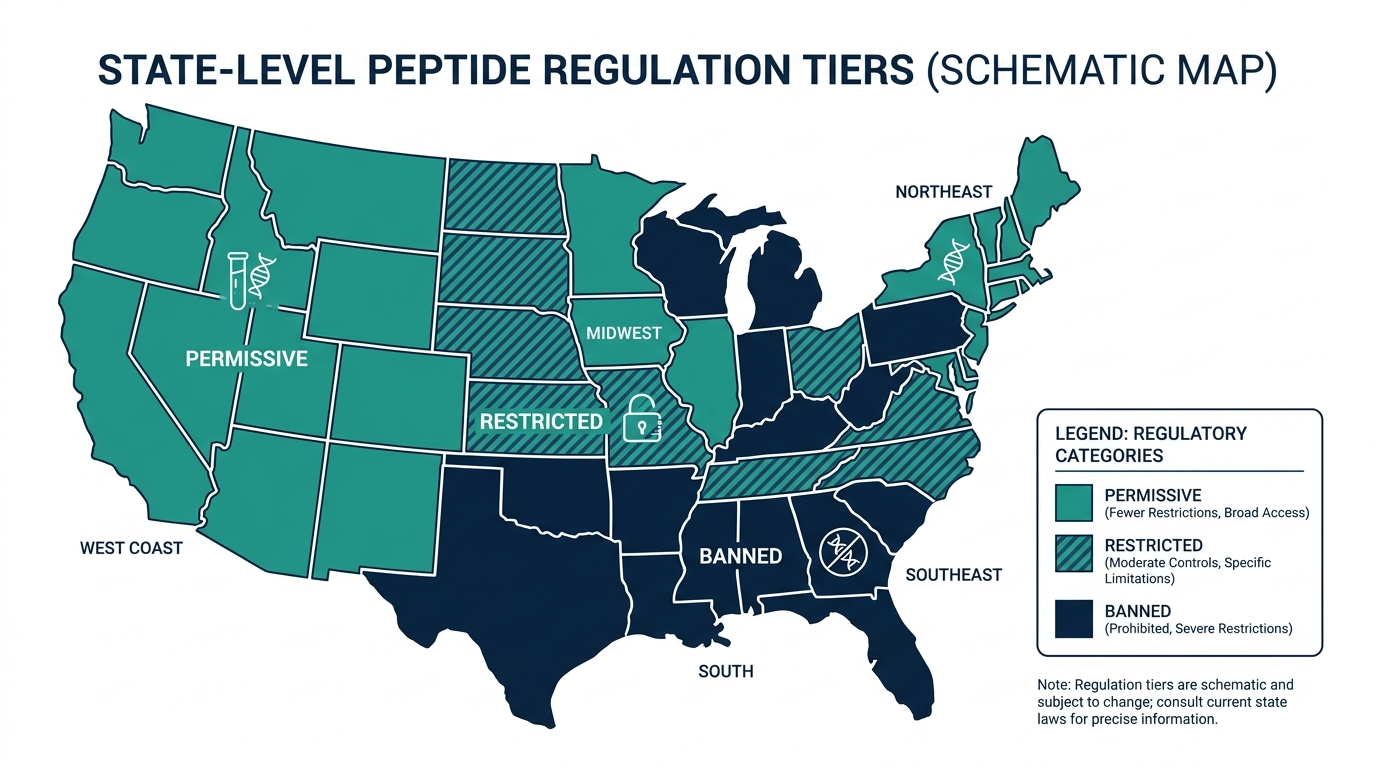 Schematic US map showing three tiers of state-level peptide regulation: permissive, restricted, and banned