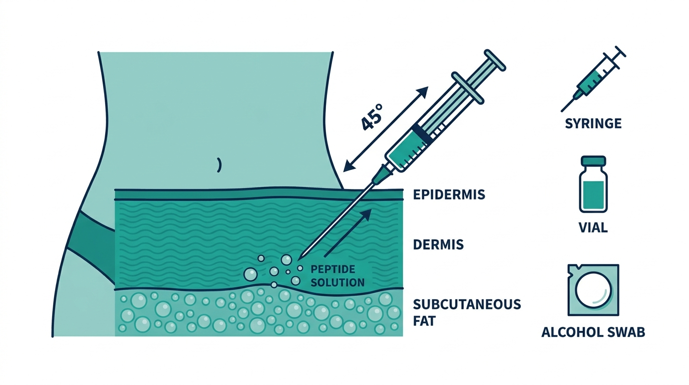 Diagram of subcutaneous peptide injection technique through skin layers