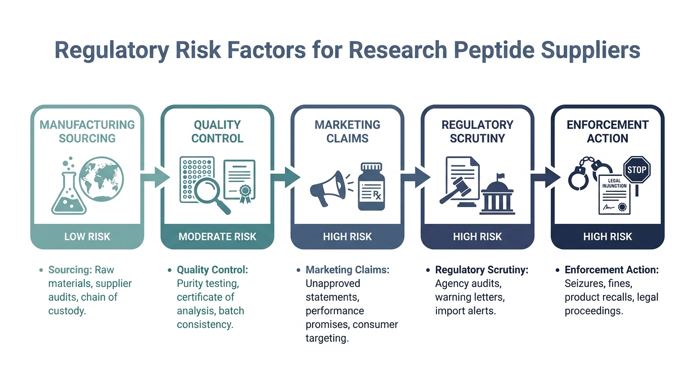 Schematic flow chart of regulatory risk factors for research peptide suppliers, from sourcing to enforcement action