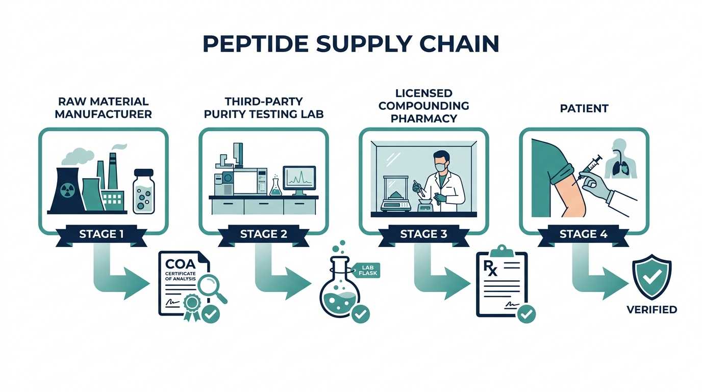 Flow diagram of the peptide supply chain from manufacturer to patient with verification checkpoints