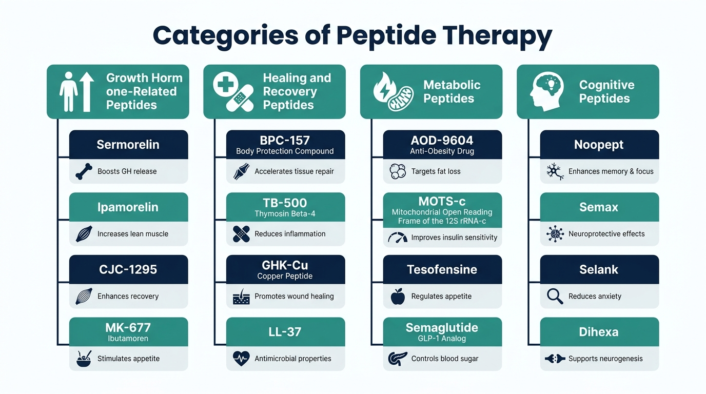 Reference chart grouping therapeutic peptides into growth-hormone-related, healing and recovery, metabolic, and cognitive categories