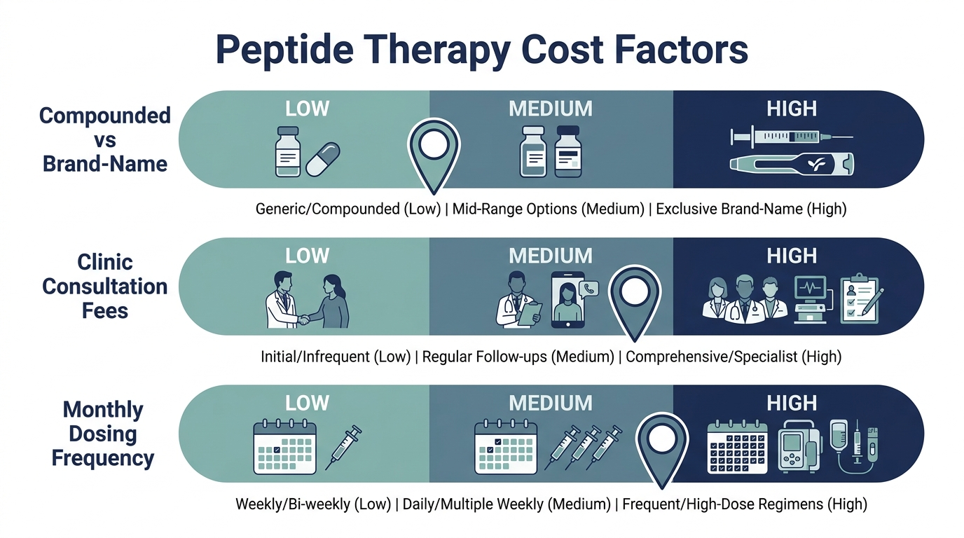 Cost-band chart showing factors that drive peptide therapy price: compounded vs brand-name, clinic fees, and dosing frequency