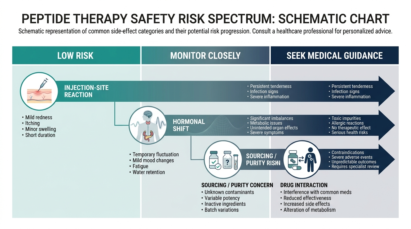 Schematic risk spectrum chart for peptide therapy side effects from low risk to seek medical guidance