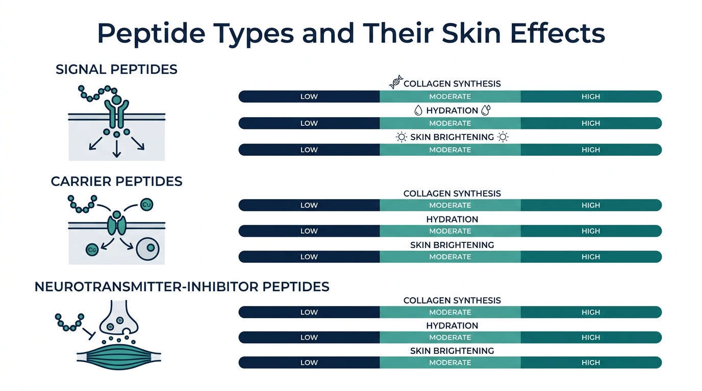 Schematic chart comparing signal, carrier, and neurotransmitter-inhibitor peptide effects on skin